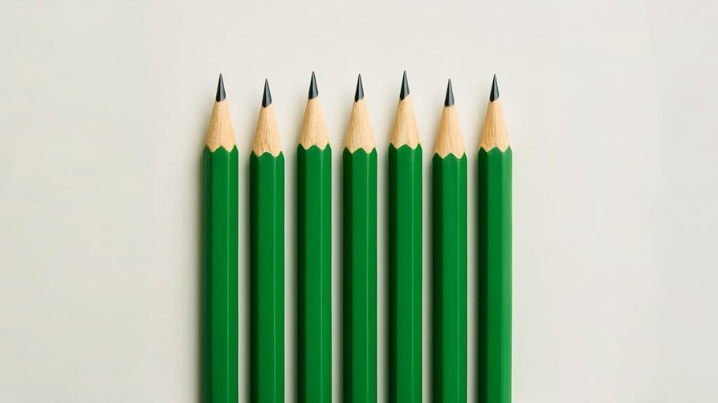 Seven sharpened green pencils in a uniform row